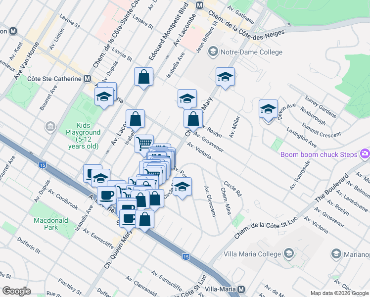 map of restaurants, bars, coffee shops, grocery stores, and more near 4810 Chemin Queen Mary in Montreal