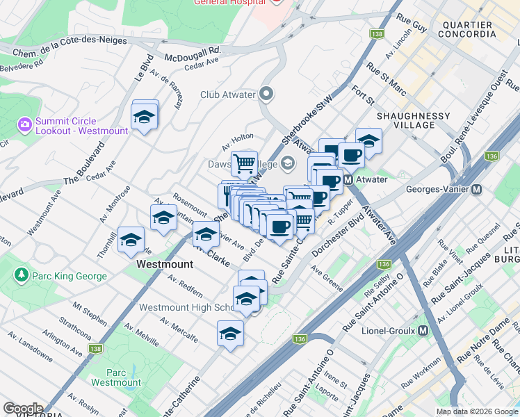 map of restaurants, bars, coffee shops, grocery stores, and more near in Westmount