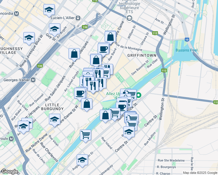 map of restaurants, bars, coffee shops, grocery stores, and more near 315 Rue Richmond in Montréal