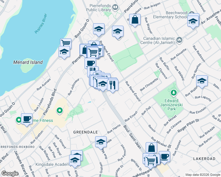map of restaurants, bars, coffee shops, grocery stores, and more near 14201 Rue Anselme Lavigne in Dollard-Des Ormeaux