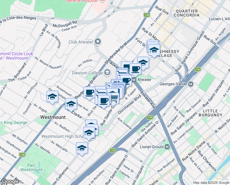 map of restaurants, bars, coffee shops, grocery stores, and more near 1 Wood Avenue in Westmount