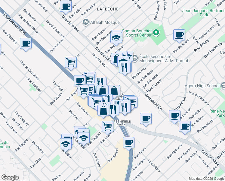 map of restaurants, bars, coffee shops, grocery stores, and more near 3919 Rue Mance in Longueuil