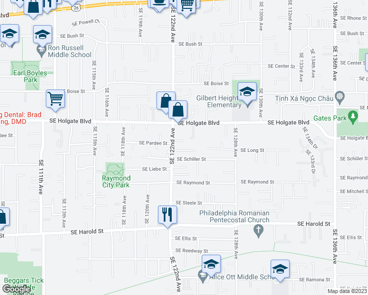 map of restaurants, bars, coffee shops, grocery stores, and more near 12253 Southeast Long Street in Portland