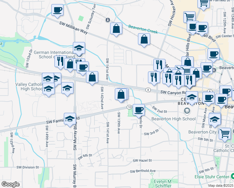 map of restaurants, bars, coffee shops, grocery stores, and more near 13935 Oregon 10 in Beaverton
