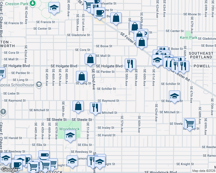 map of restaurants, bars, coffee shops, grocery stores, and more near 5415 Southeast Schiller Street in Portland
