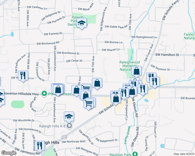 map of restaurants, bars, coffee shops, grocery stores, and more near 7455 Southwest Newton Place in Portland