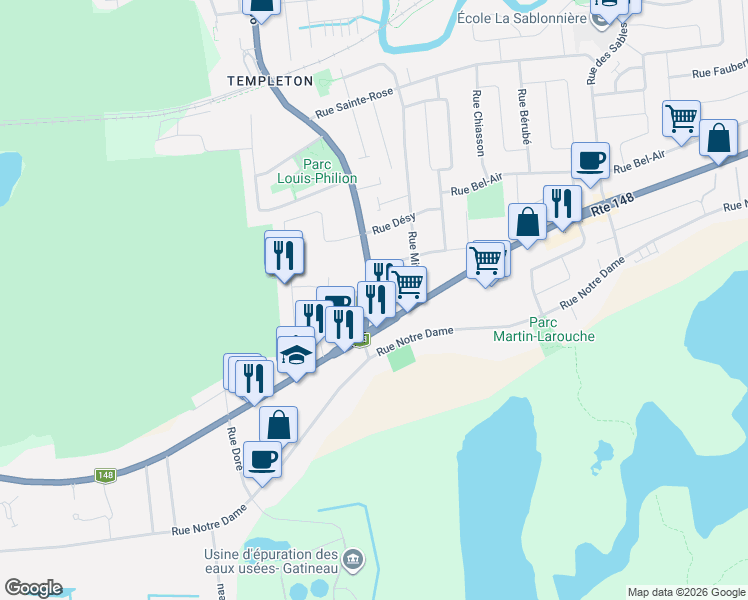 map of restaurants, bars, coffee shops, grocery stores, and more near 12 Boulevard Lorrain in Gatineau