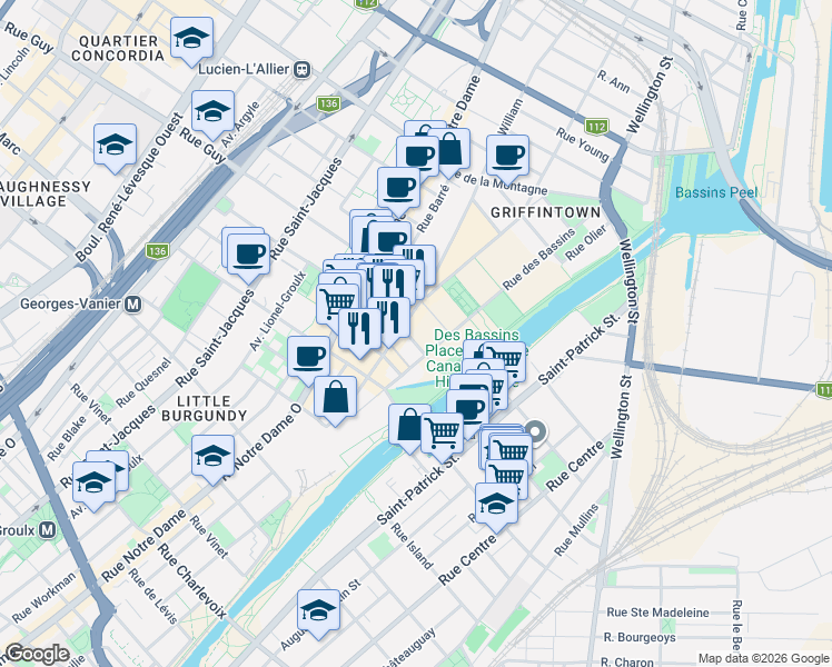map of restaurants, bars, coffee shops, grocery stores, and more near 315 Rue Richmond in Montréal