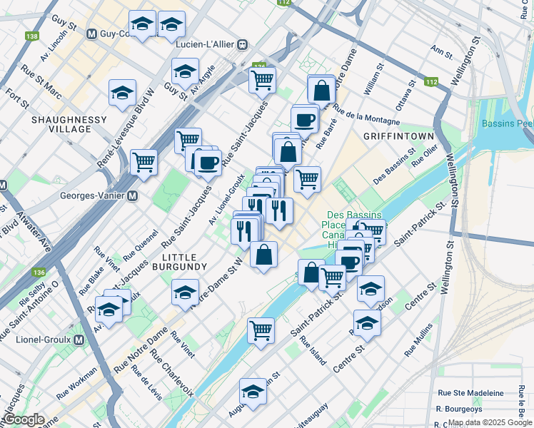 map of restaurants, bars, coffee shops, grocery stores, and more near in Montreal