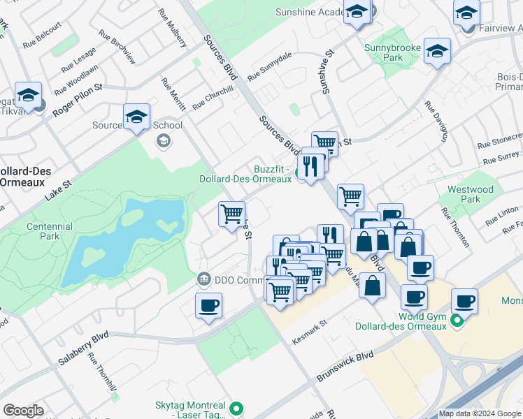 map of restaurants, bars, coffee shops, grocery stores, and more near 121 Rue Athènes in Dollard-des-Ormeaux