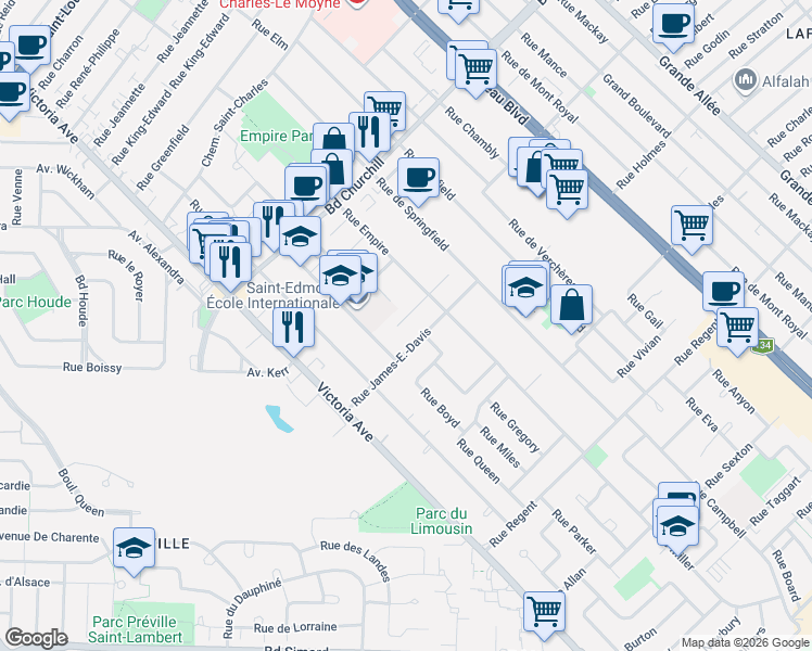 map of restaurants, bars, coffee shops, grocery stores, and more near 115 Rue Isabel in Longueuil