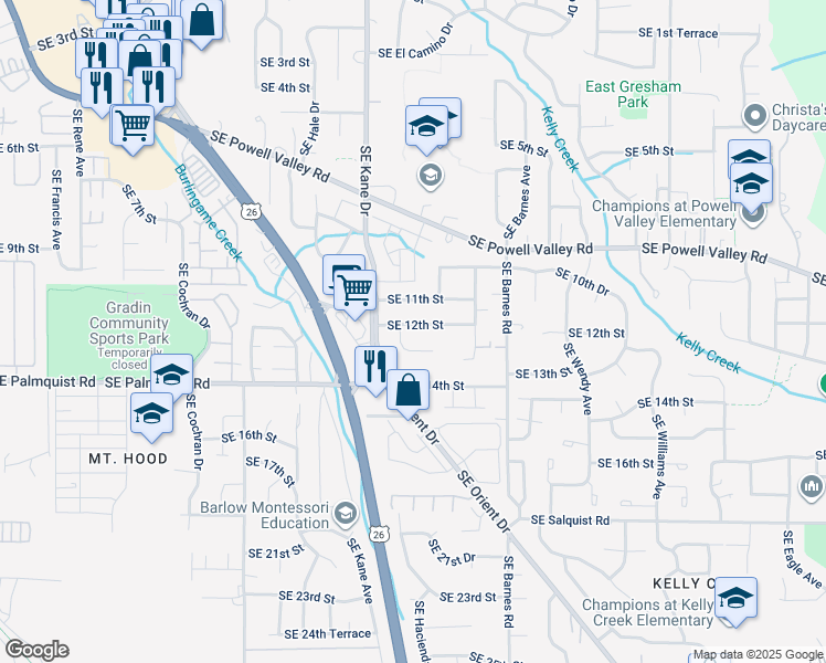 map of restaurants, bars, coffee shops, grocery stores, and more near 1255 Southeast Olvera Place in Gresham