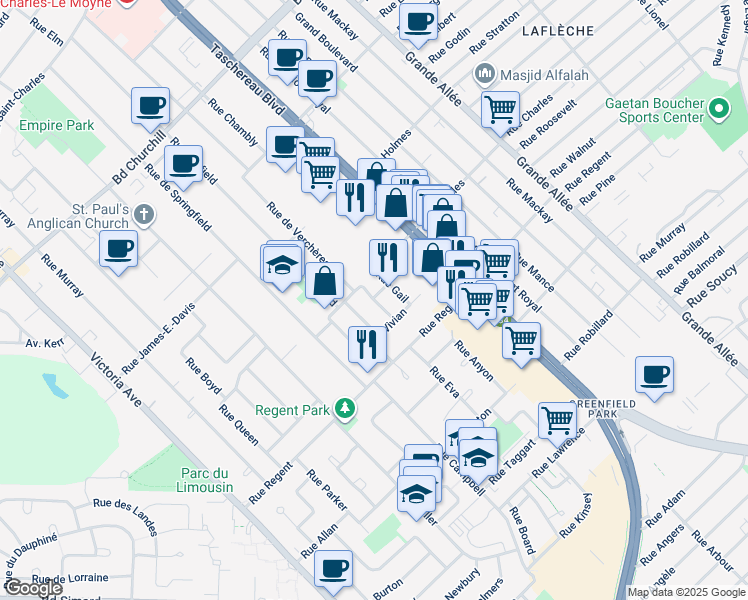 map of restaurants, bars, coffee shops, grocery stores, and more near 518 Rue Dorothy in Greenfield Park