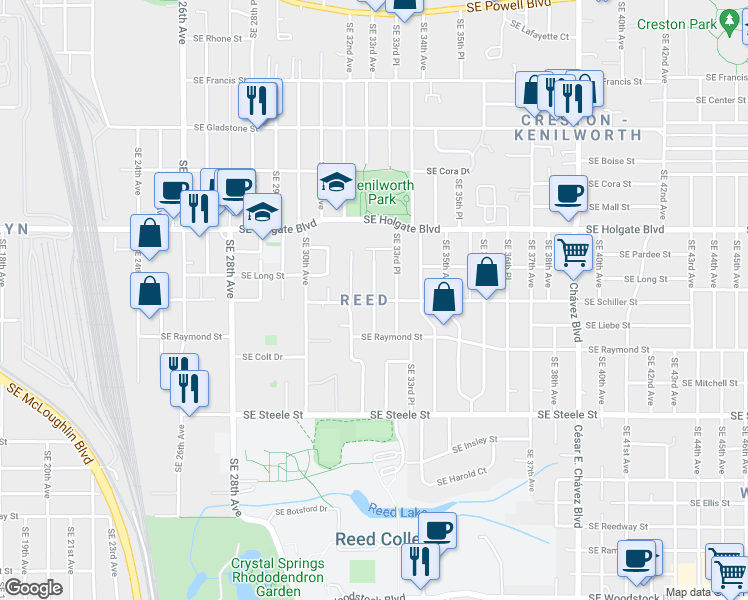 map of restaurants, bars, coffee shops, grocery stores, and more near SE Schiller St & SE 33rd Ave in Portland