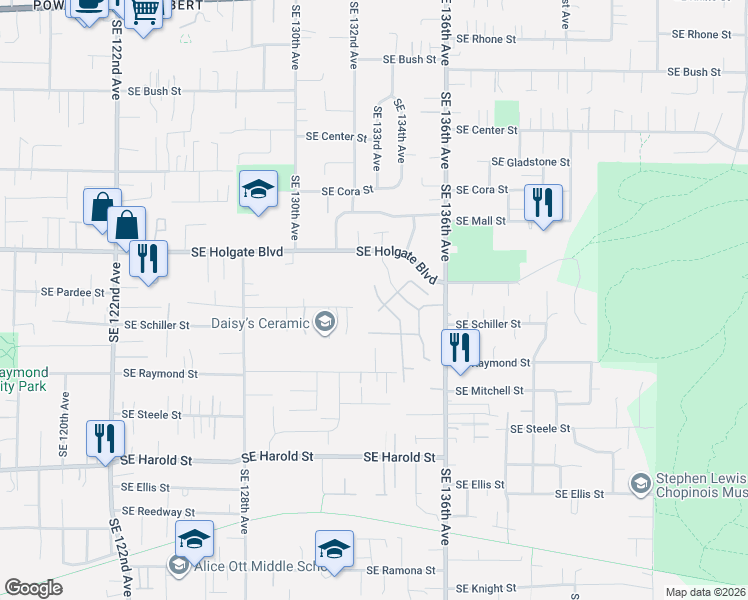 map of restaurants, bars, coffee shops, grocery stores, and more near 4655 Southeast 133rd Drive in Portland
