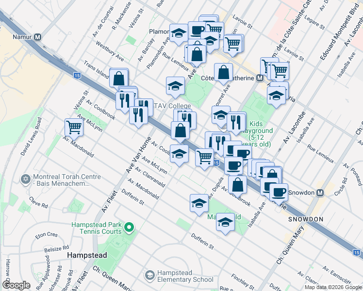 map of restaurants, bars, coffee shops, grocery stores, and more near 5840 Boulevard Décarie in Montréal