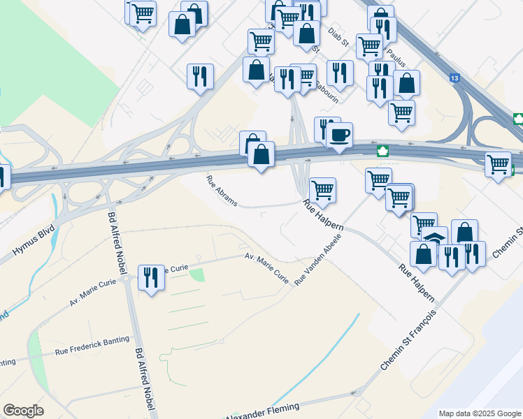 map of restaurants, bars, coffee shops, grocery stores, and more near 6520 Rue Abrams in Montréal