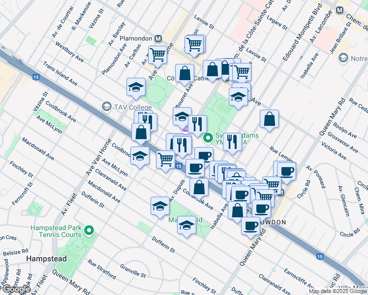map of restaurants, bars, coffee shops, grocery stores, and more near Rue Sainte-Catherine in Montréal