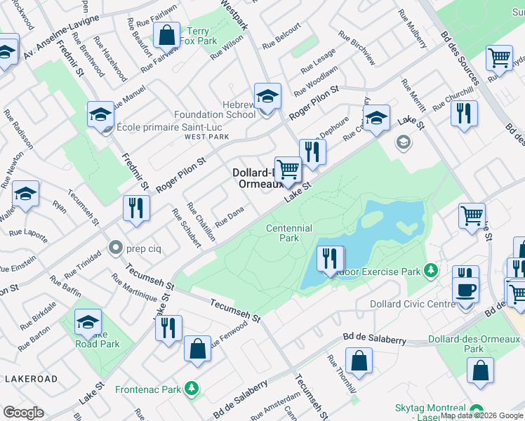map of restaurants, bars, coffee shops, grocery stores, and more near 2981 Rue Lake in Dollard-des-Ormeaux