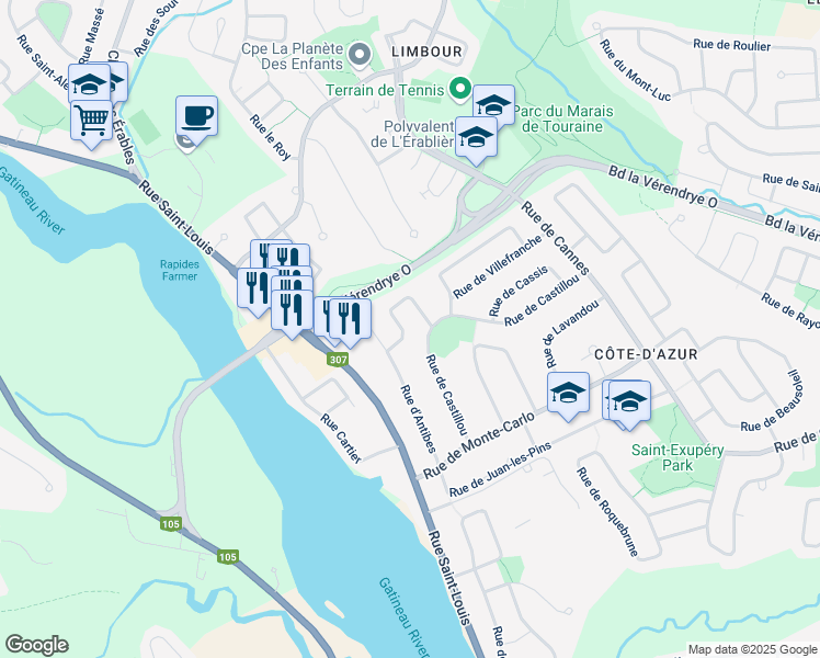 map of restaurants, bars, coffee shops, grocery stores, and more near 8 Rue de Fréjus in Gatineau