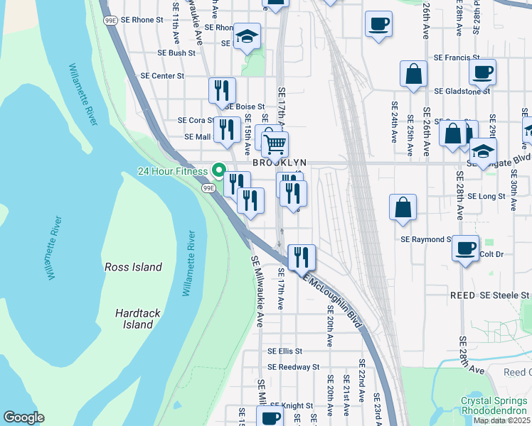 map of restaurants, bars, coffee shops, grocery stores, and more near 4806 Southeast 16th Avenue in Portland