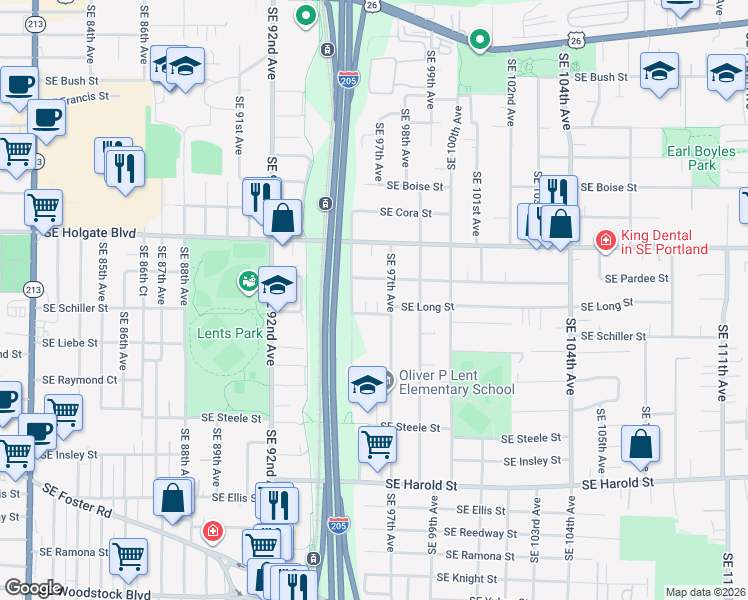 map of restaurants, bars, coffee shops, grocery stores, and more near 9641 Southeast Schiller Street in Portland