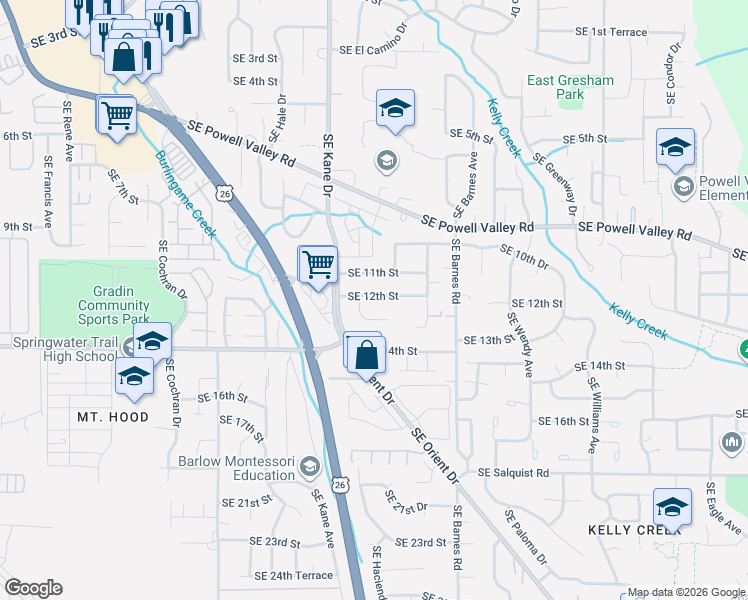 map of restaurants, bars, coffee shops, grocery stores, and more near 1255 Southeast Olvera Place in Gresham