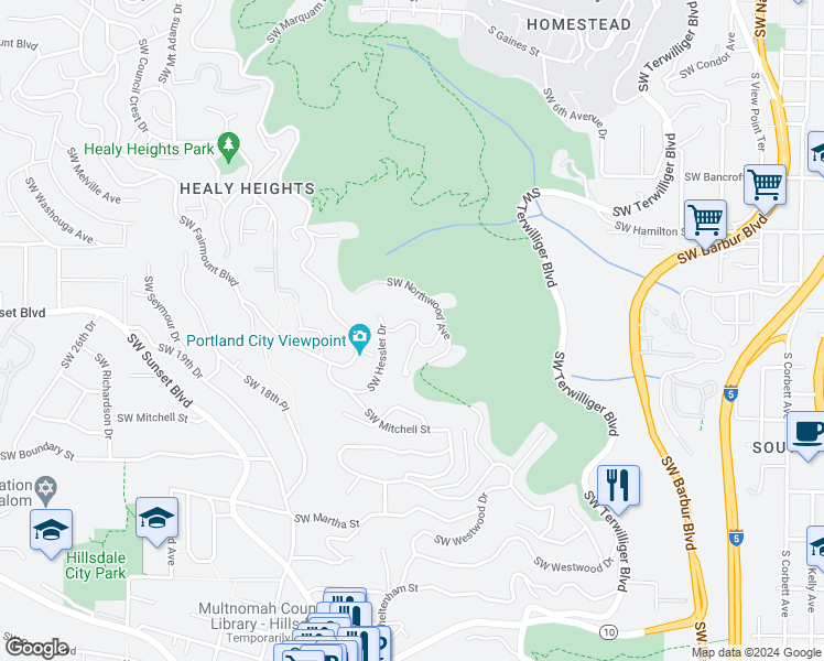 map of restaurants, bars, coffee shops, grocery stores, and more near 1206 Southwest Hessler Drive in Portland
