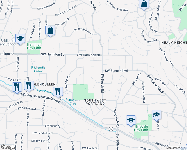 map of restaurants, bars, coffee shops, grocery stores, and more near 4829 Southwest Stonebrook Court in Portland