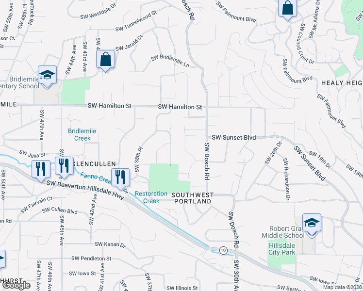 map of restaurants, bars, coffee shops, grocery stores, and more near 4829 Southwest Stonebrook Court in Portland
