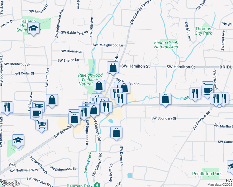 map of restaurants, bars, coffee shops, grocery stores, and more near 6677 Southwest Beaverton Hillsdale Highway in Portland