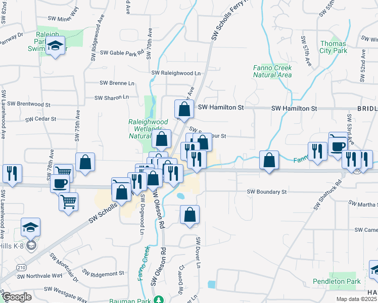 map of restaurants, bars, coffee shops, grocery stores, and more near 6677 Southwest Beaverton Hillsdale Highway in Portland