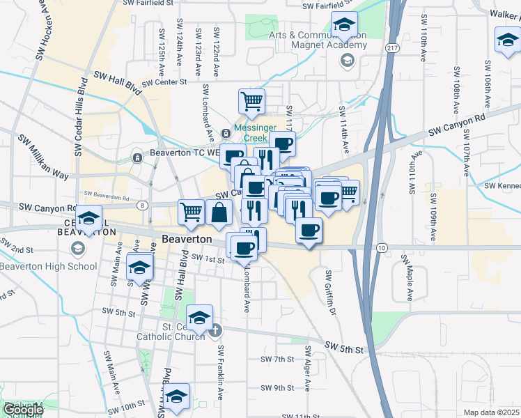 map of restaurants, bars, coffee shops, grocery stores, and more near 11900 Southwest Broadway Street in Beaverton