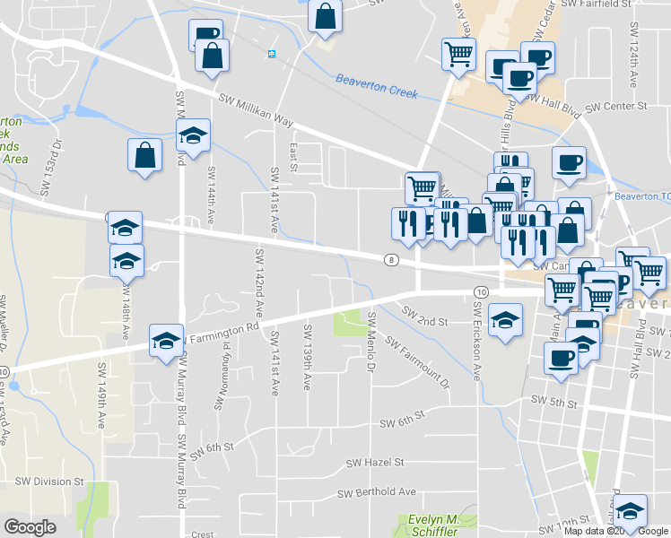 map of restaurants, bars, coffee shops, grocery stores, and more near 13779 Oregon 10 in Beaverton