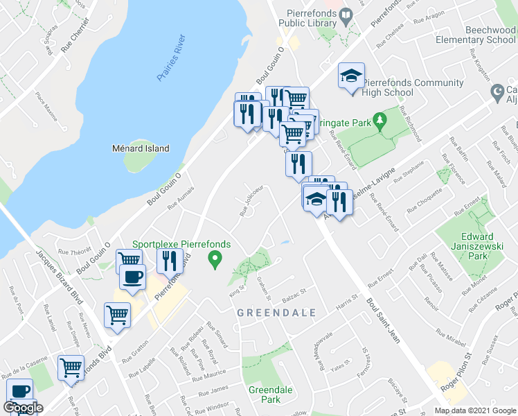 map of restaurants, bars, coffee shops, grocery stores, and more near 14380 Rue Jolicoeur in Montréal