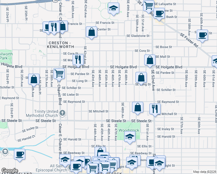 map of restaurants, bars, coffee shops, grocery stores, and more near 4825 Southeast 45th Avenue in Portland