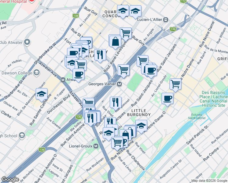 map of restaurants, bars, coffee shops, grocery stores, and more near 2252 Rue Saint-Antoine Ouest in Montréal