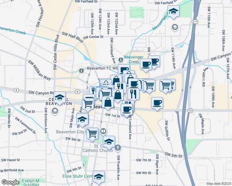 map of restaurants, bars, coffee shops, grocery stores, and more near 12155 Southwest Broadway Street in Beaverton