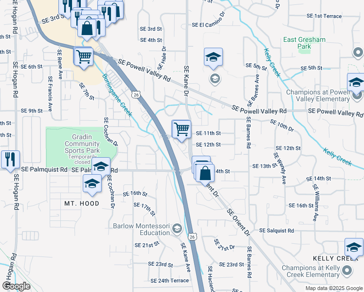 map of restaurants, bars, coffee shops, grocery stores, and more near 1201-1219 Southeast Kane Drive in Gresham