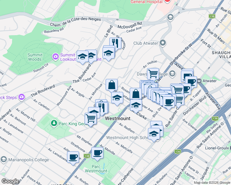 map of restaurants, bars, coffee shops, grocery stores, and more near 462 Avenue Mountain in Westmount