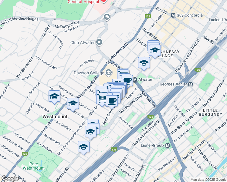 map of restaurants, bars, coffee shops, grocery stores, and more near in Westmount
