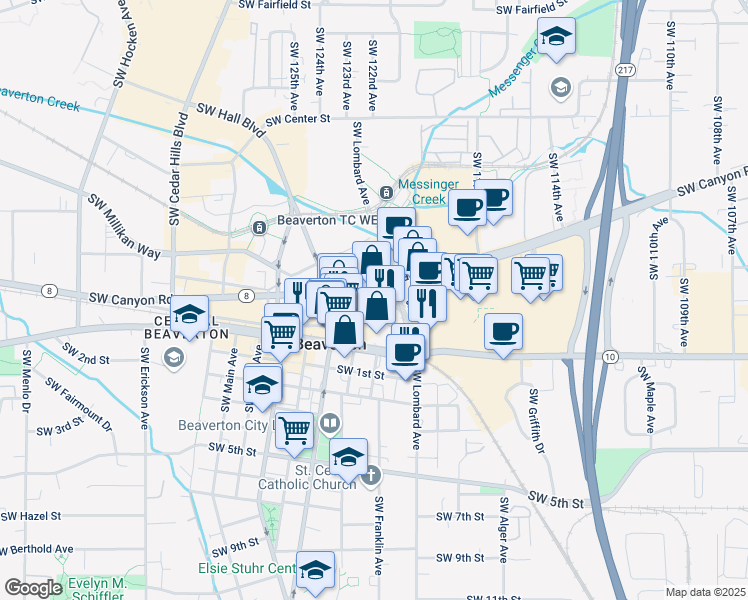 map of restaurants, bars, coffee shops, grocery stores, and more near 12130 Southwest Broadway Street in Beaverton
