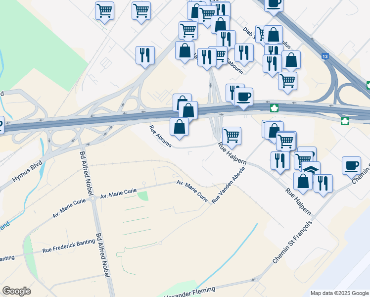 map of restaurants, bars, coffee shops, grocery stores, and more near 6520 Rue Abrams in Montreal