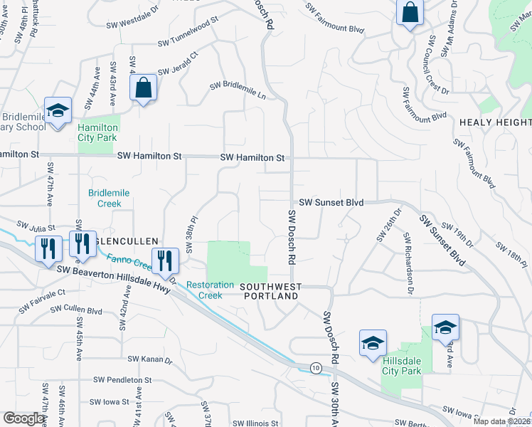 map of restaurants, bars, coffee shops, grocery stores, and more near 4829 Southwest Stonebrook Court in Portland