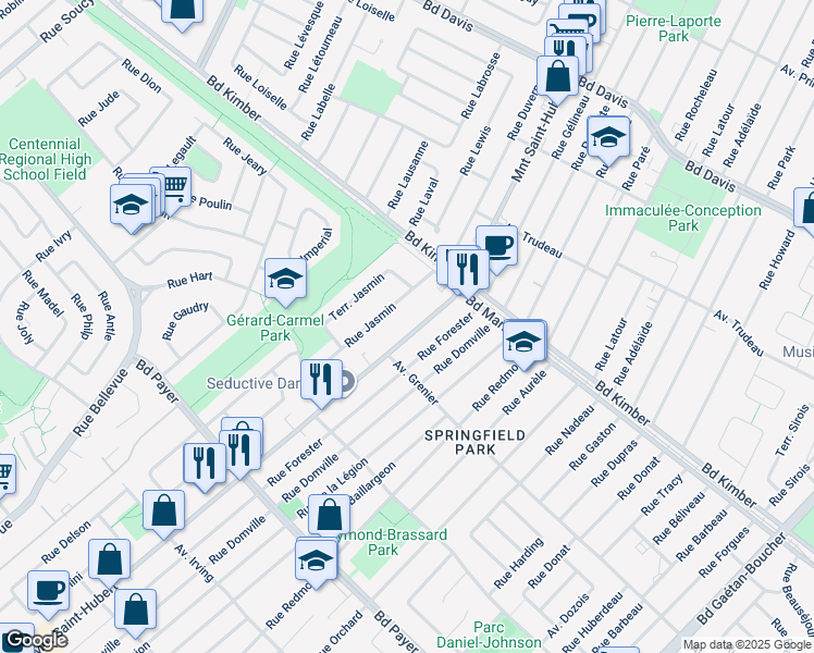 map of restaurants, bars, coffee shops, grocery stores, and more near 4178 Montée Saint-Hubert in Longueuil
