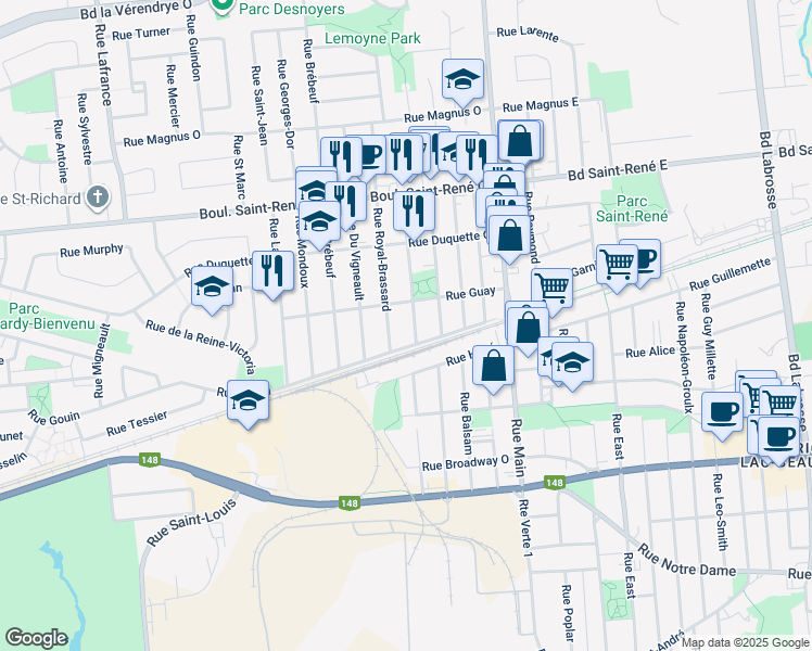 map of restaurants, bars, coffee shops, grocery stores, and more near 303 Rue Lévis in Gatineau