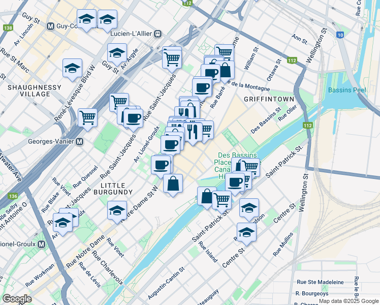 map of restaurants, bars, coffee shops, grocery stores, and more near in Montreal