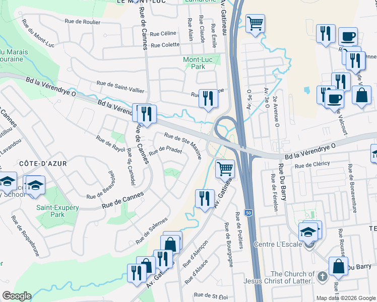 map of restaurants, bars, coffee shops, grocery stores, and more near 95 Rue de Pradet in Gatineau