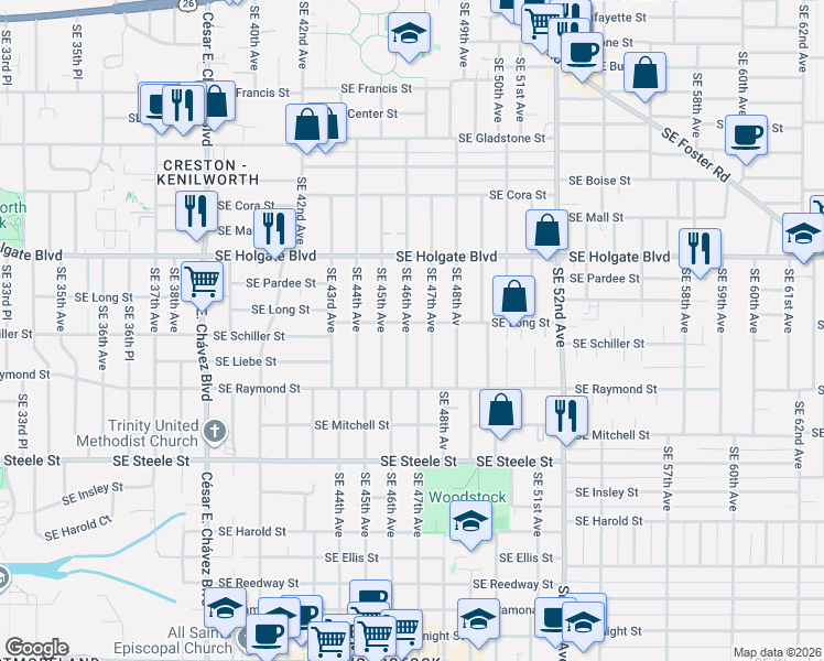 map of restaurants, bars, coffee shops, grocery stores, and more near 4708 Southeast 46th Avenue in Portland