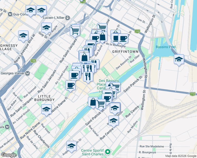 map of restaurants, bars, coffee shops, grocery stores, and more near 1600 Rue Ottawa in Montréal